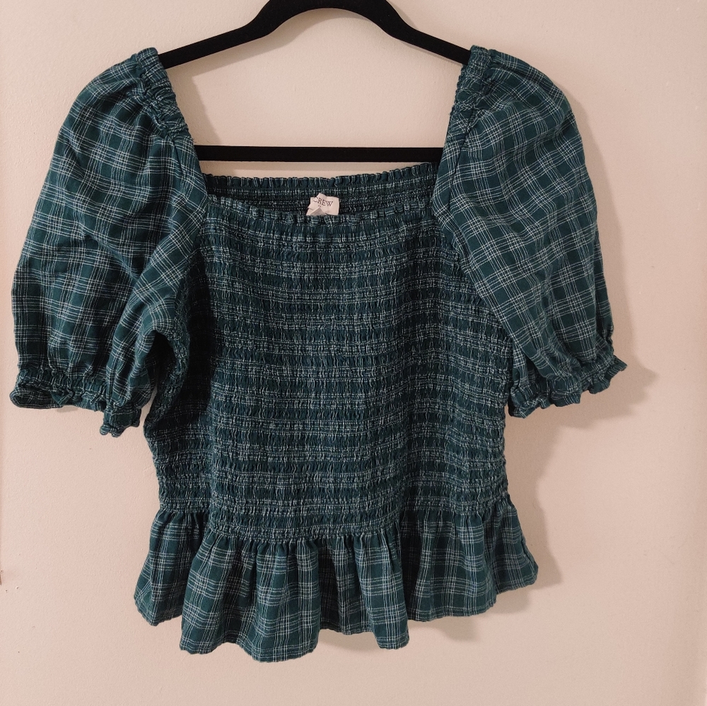 J Crew Square Neck Smocked Green Top